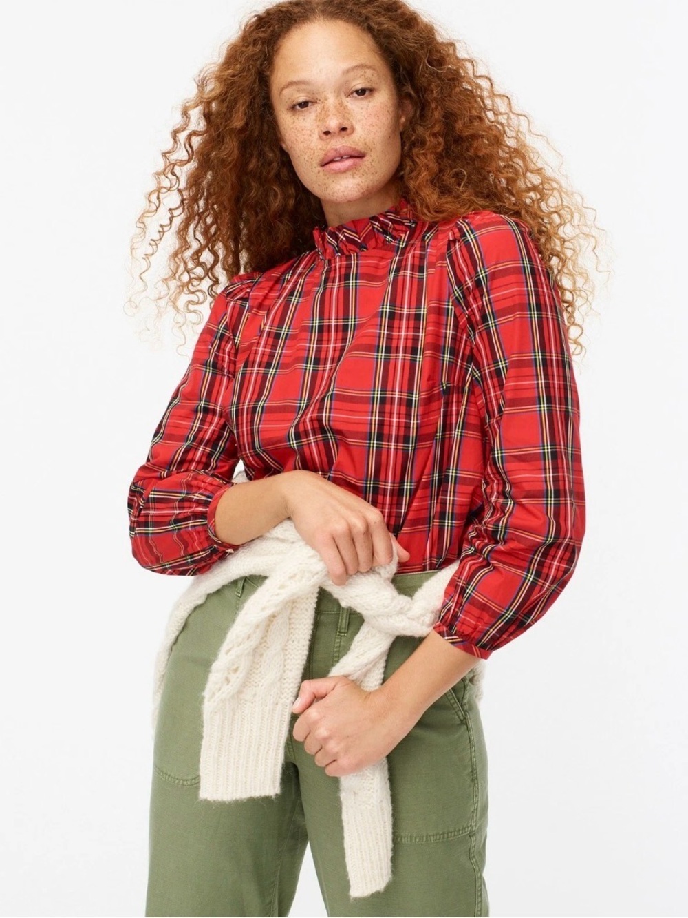 J Crew Size XXS Long Sleeve Ruffleneck Red Tartan Plaid Top